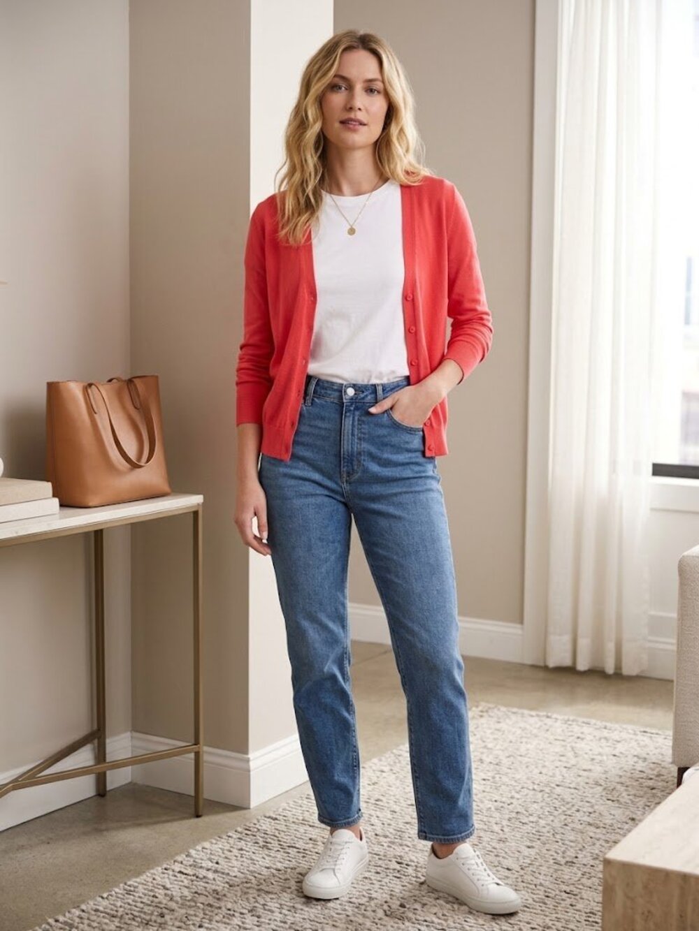 Jones New York Sport Fine-Knit Button-Up Cardigan Sweater in Salmon